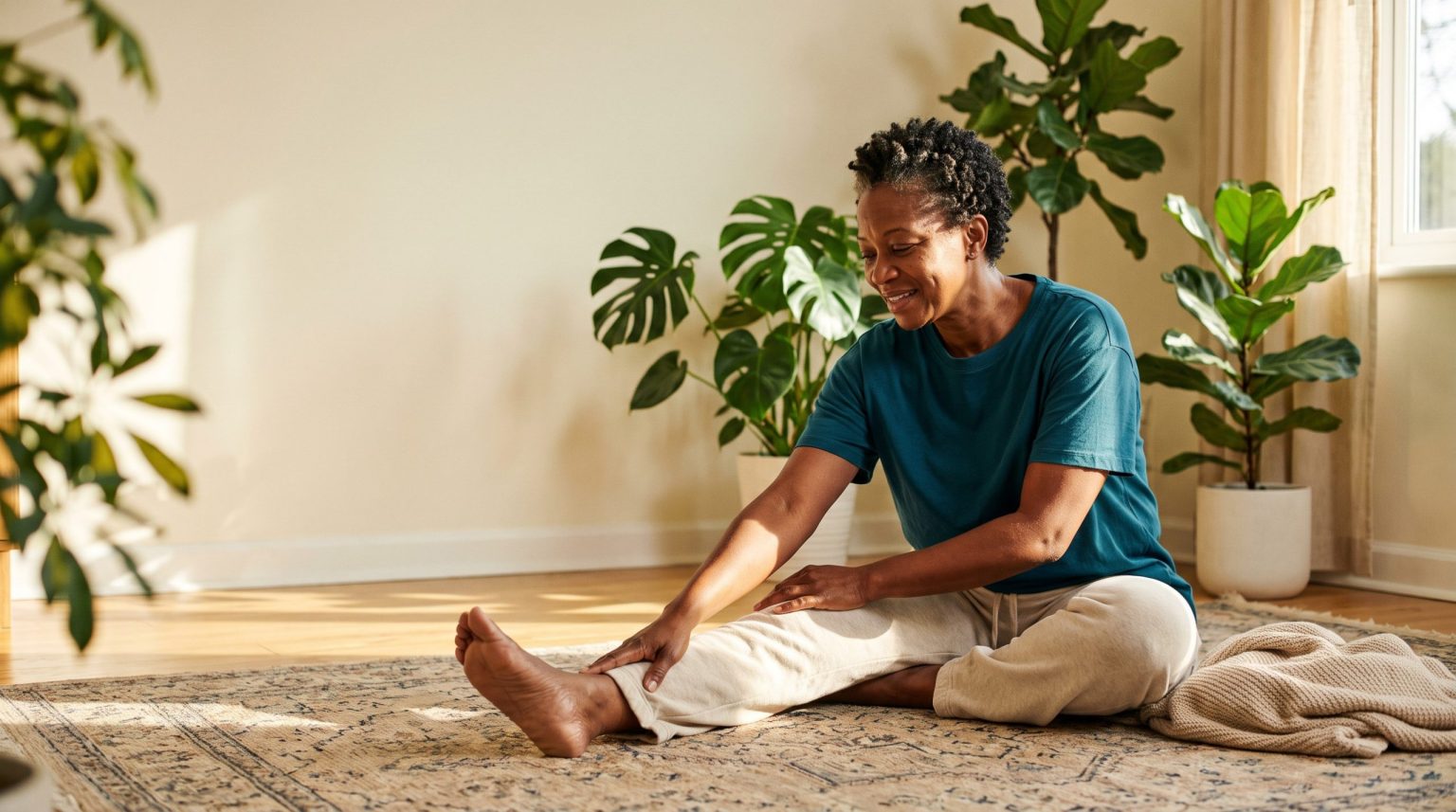 A woman stretching on a mat at home