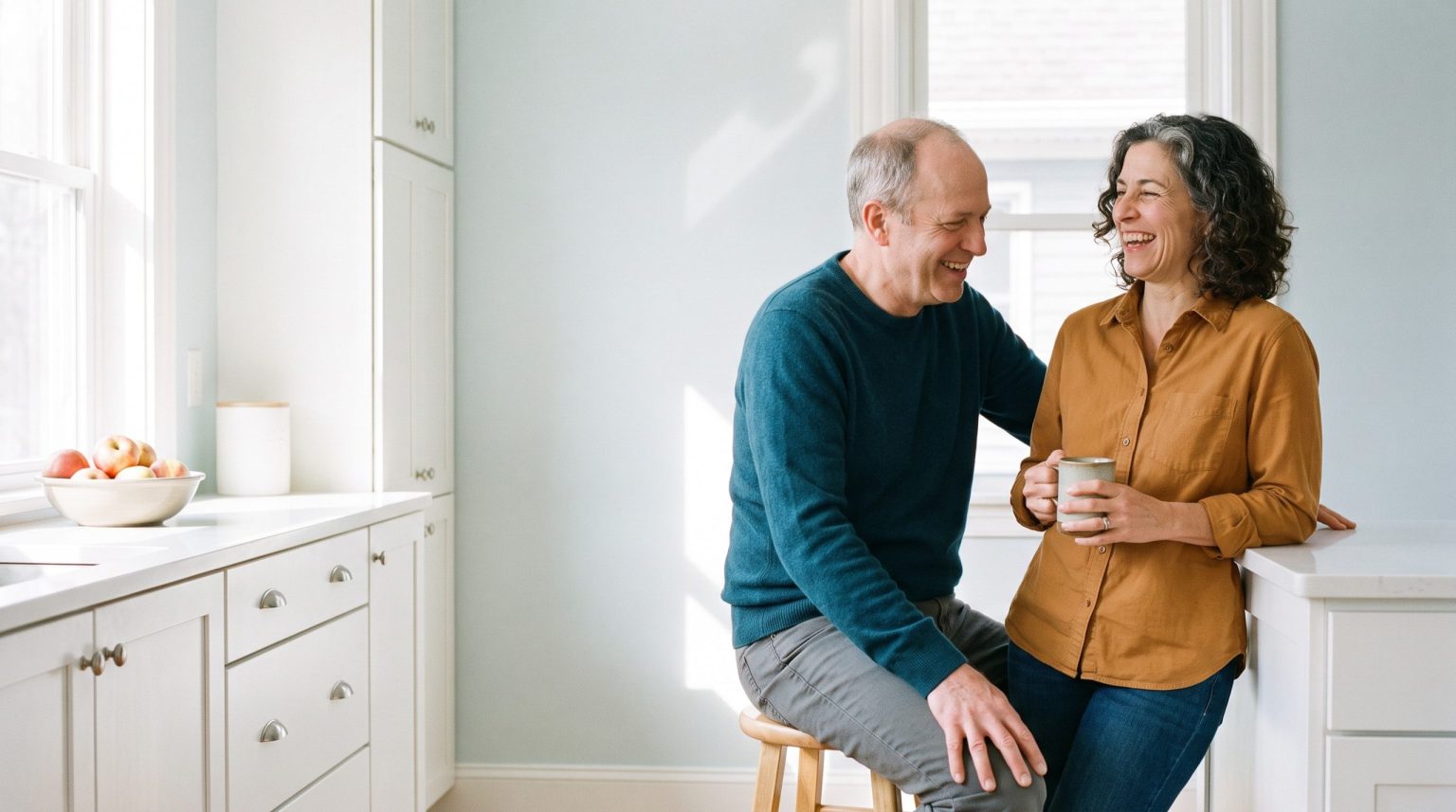 A couple laughing together in their kitchen