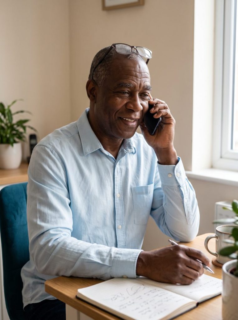 A smiling man on the phone at his kitchen table, writing in a notebook