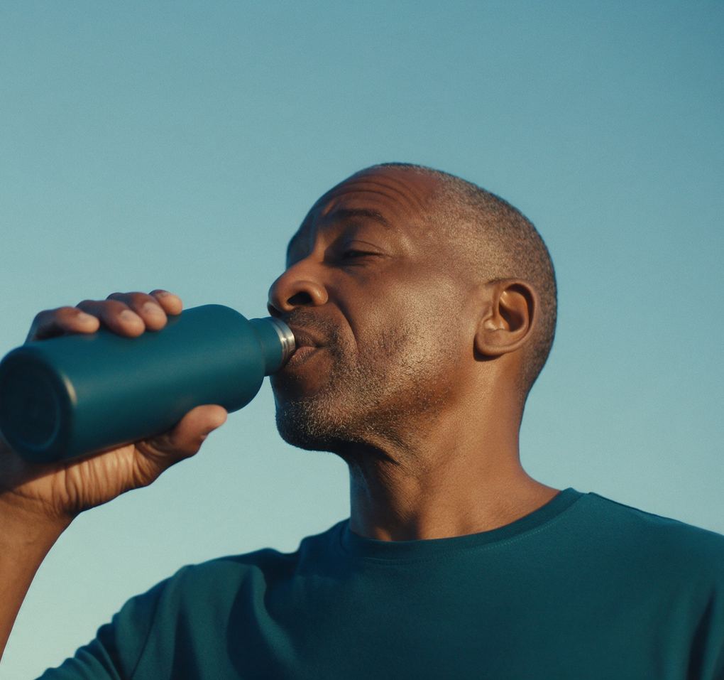 A man drinking water outdoors