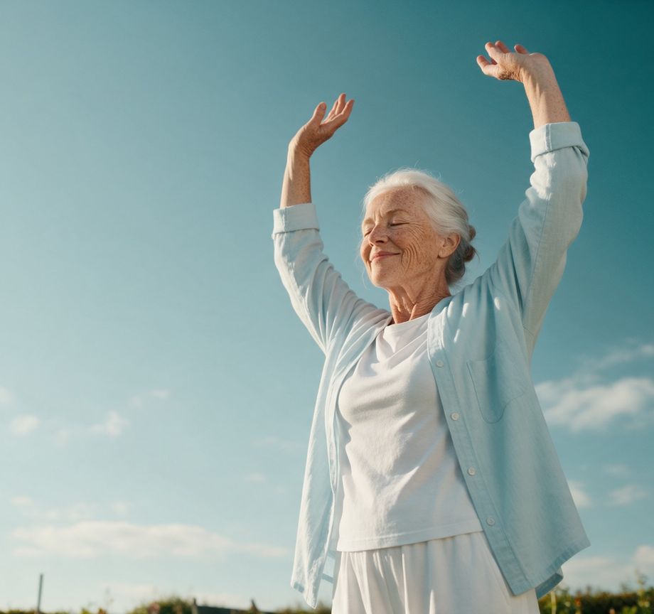A white-haired woman stretching her arms up outdoors