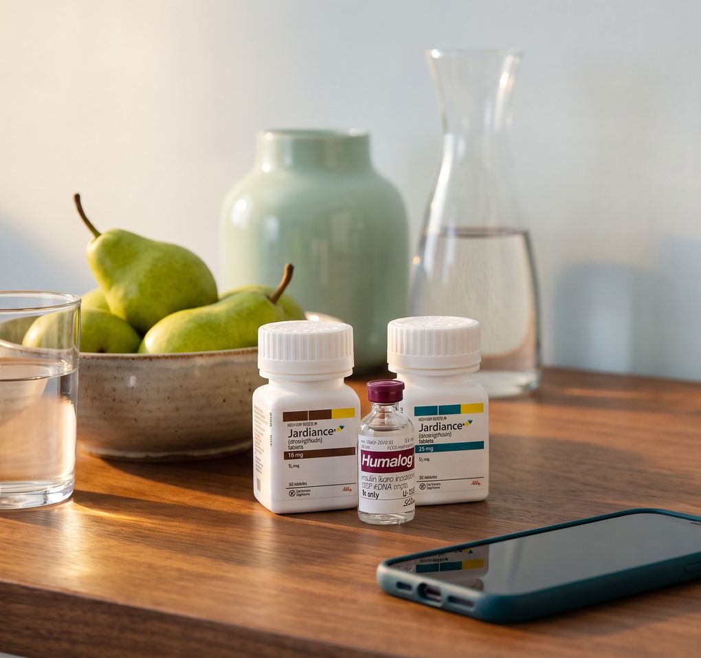 Medication bottles and a phone on a kitchen table