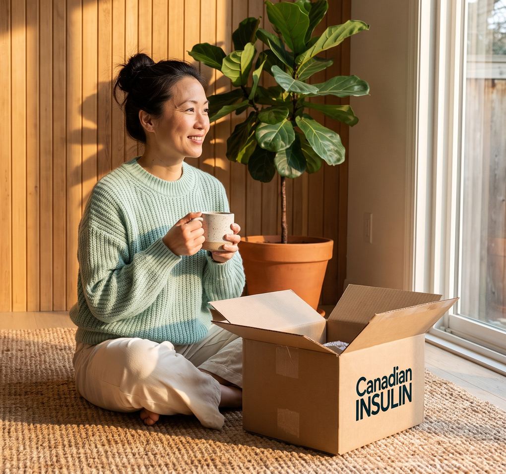 A woman with tea next to a Canadian Insulin box