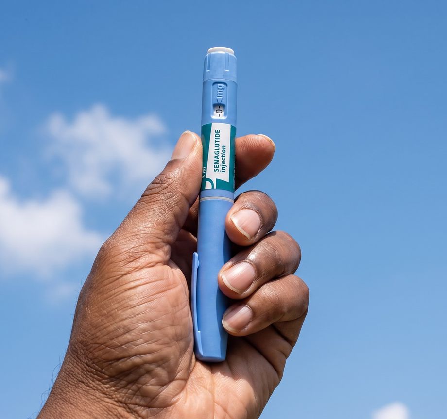 A hand holding a blue injector pen against the sky